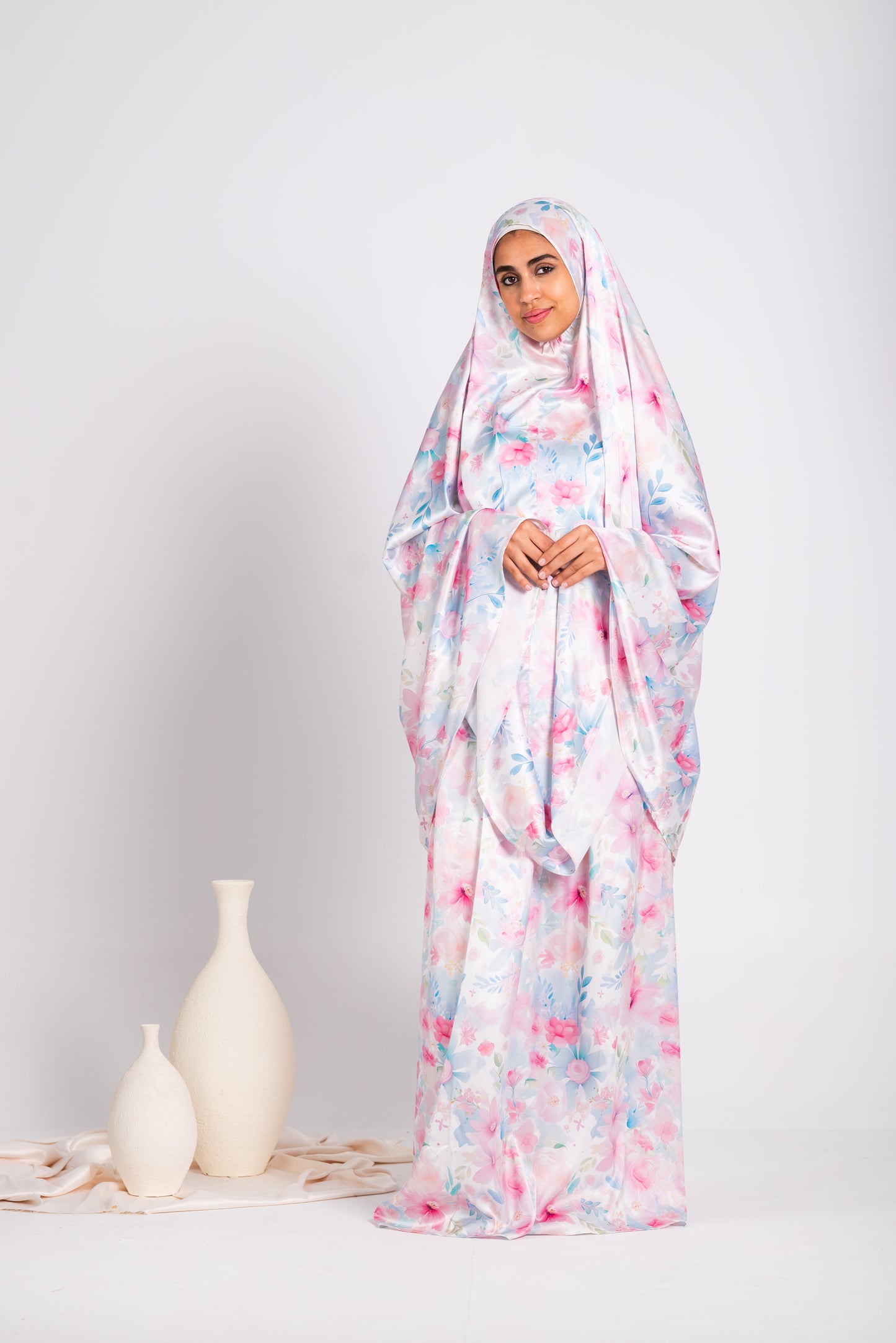 Satin Two-Piece Pastel Floral Prayer Set