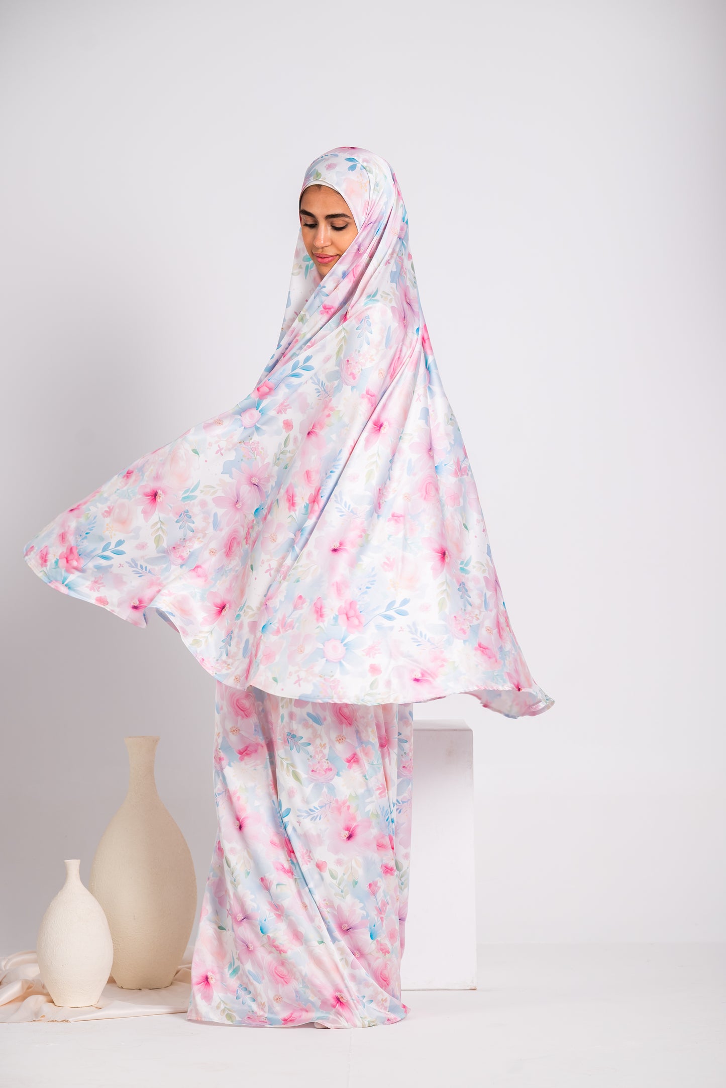 Satin Two-Piece Pastel Floral Prayer Set