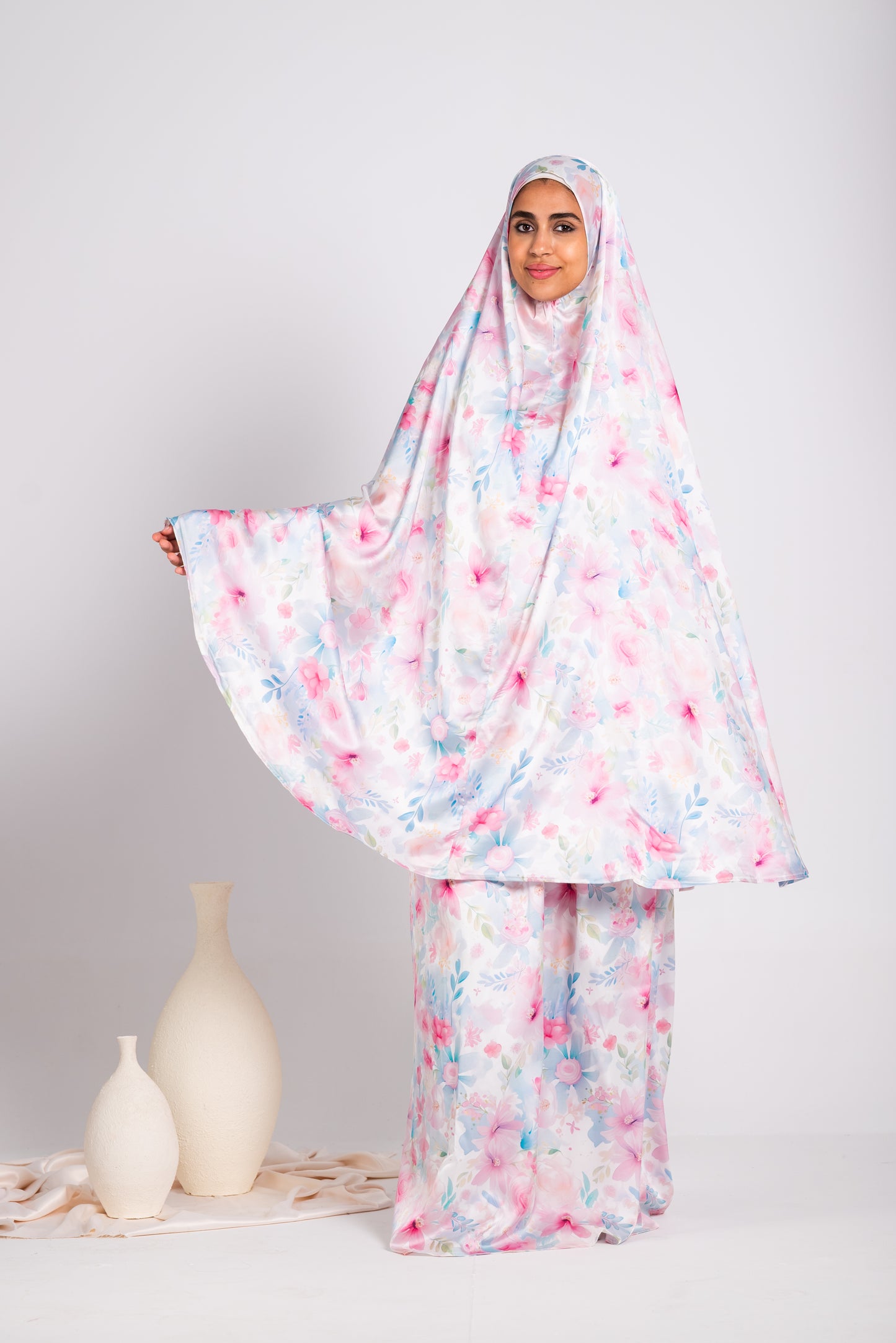 Satin Two-Piece Pastel Floral Prayer Set