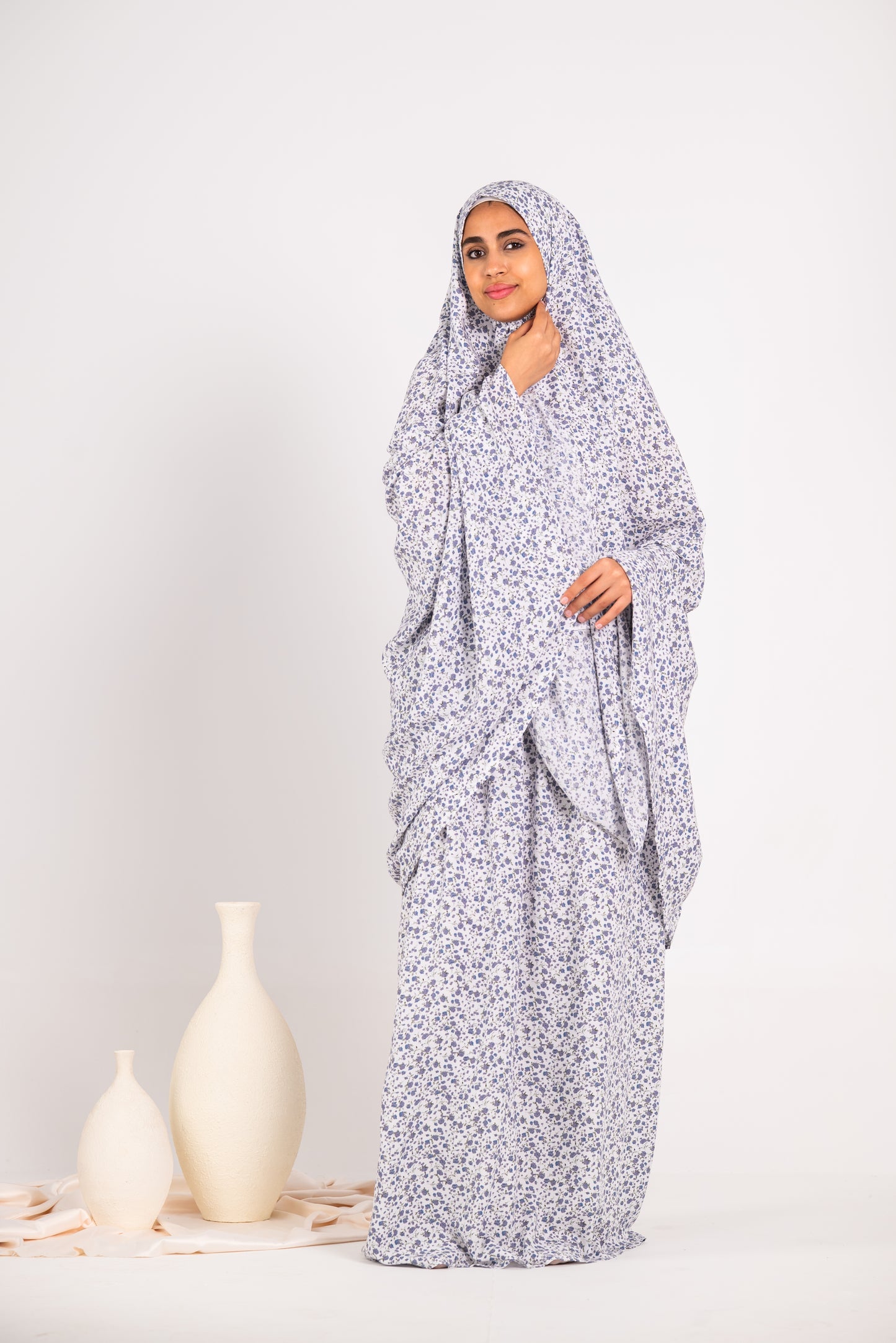 Two piece floral white & baby blue viscose prayer set