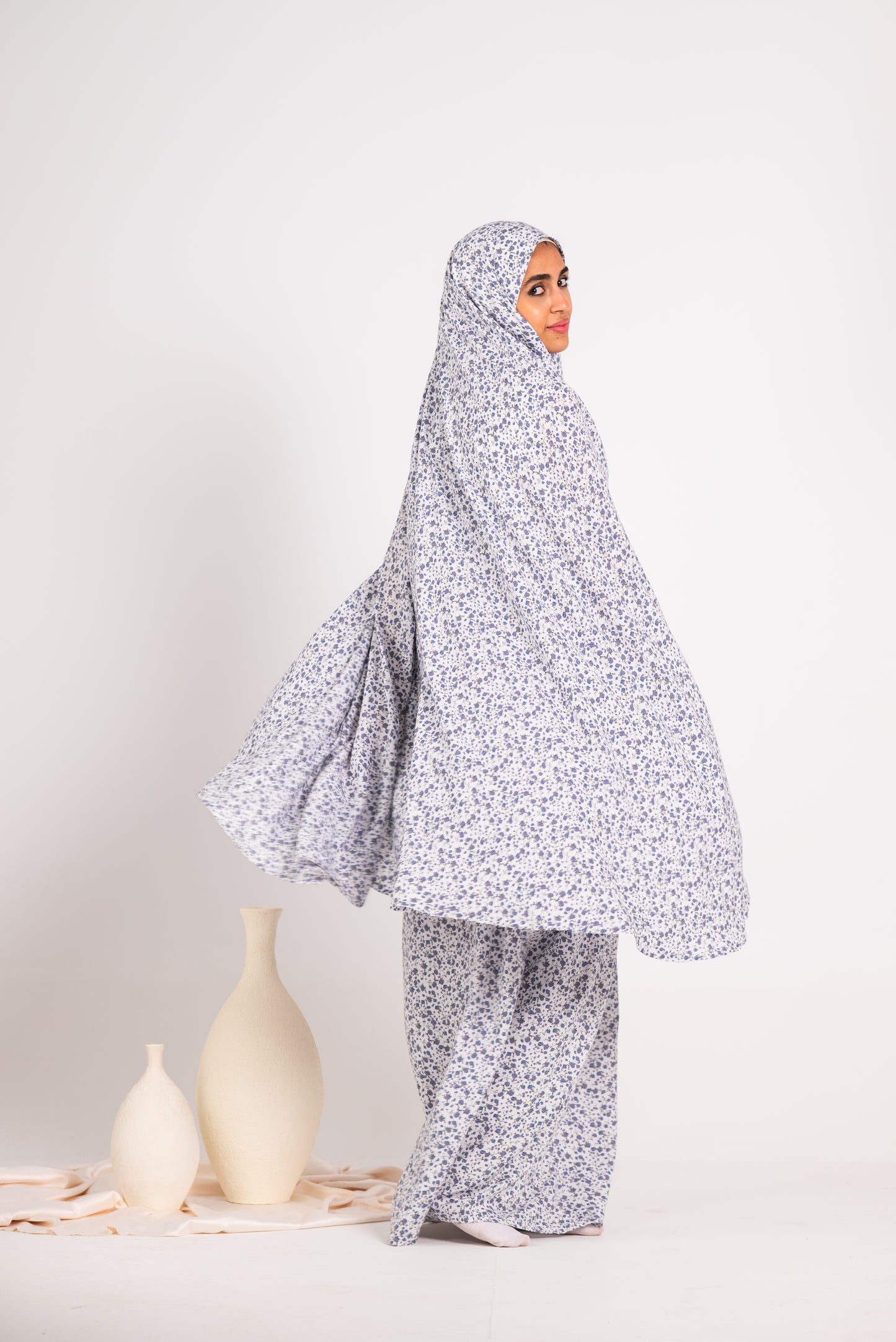 Two piece floral white & baby blue viscose prayer set