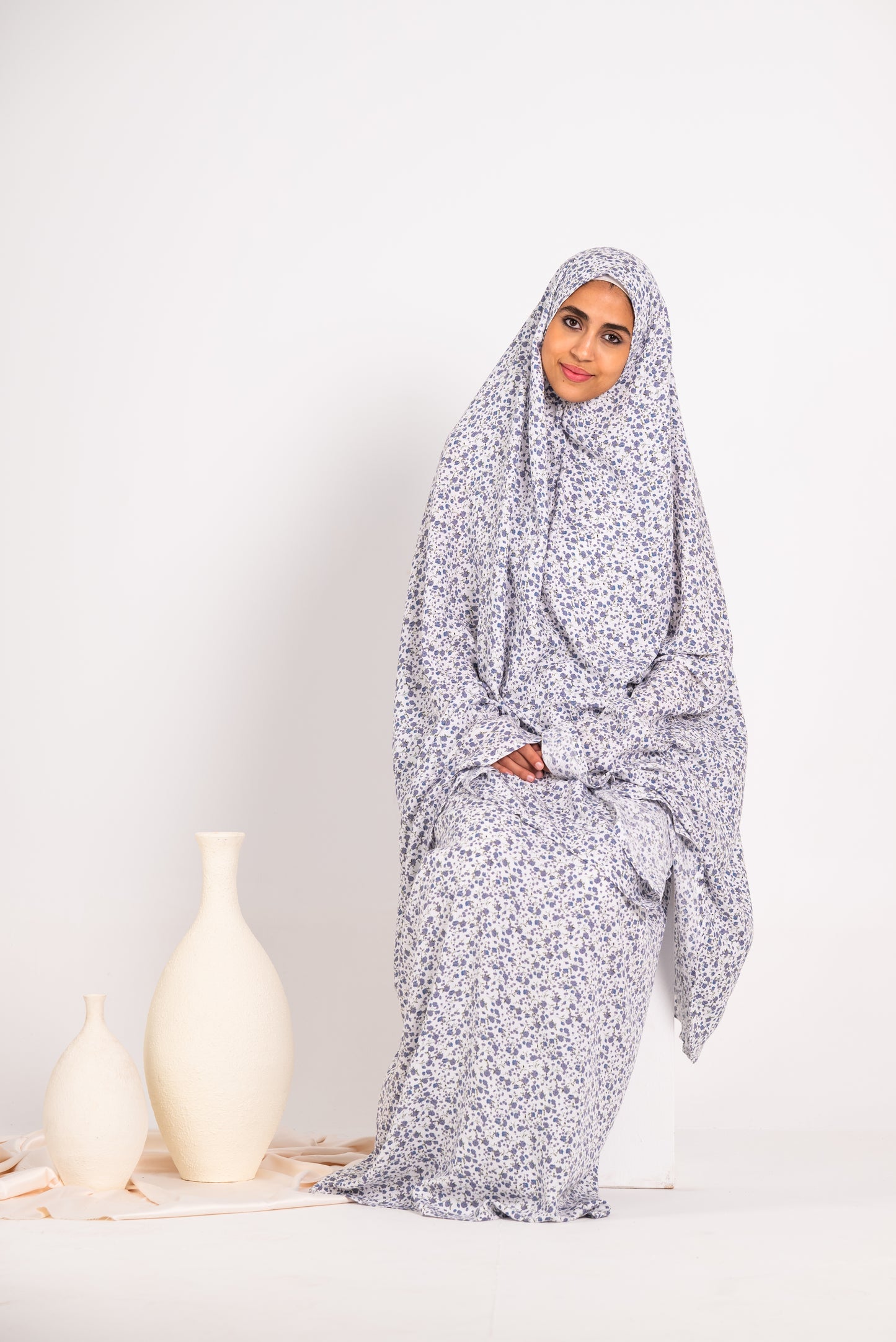 Two piece floral white & baby blue viscose prayer set