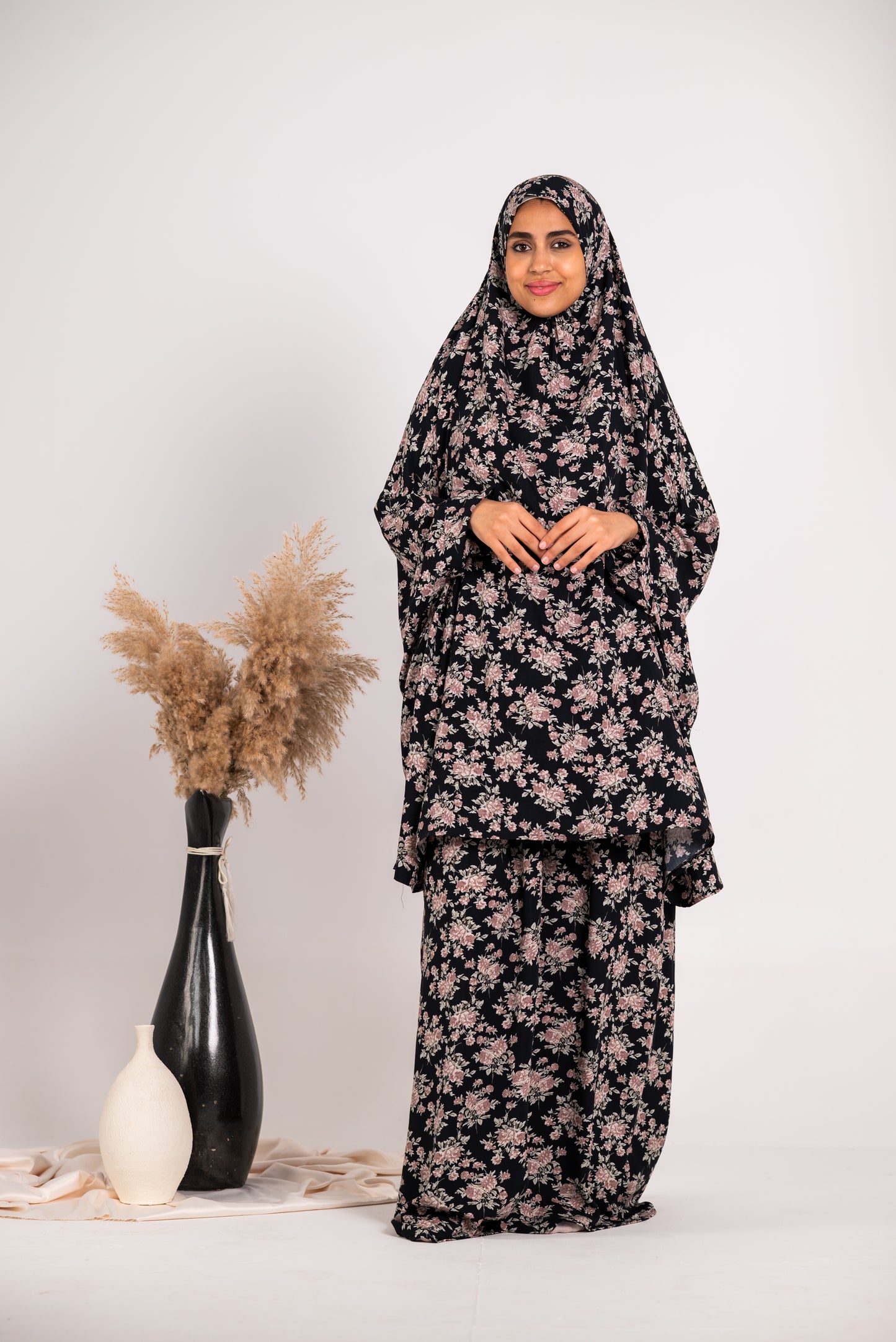 Two piece floral black viscose prayer set - with sleeves
