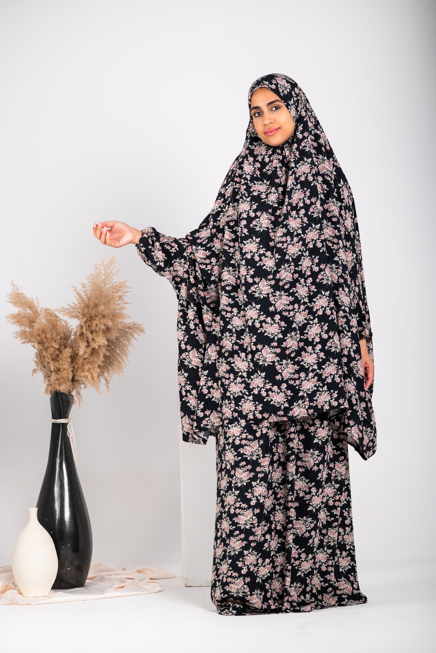 Two piece floral black viscose prayer set - with sleeves