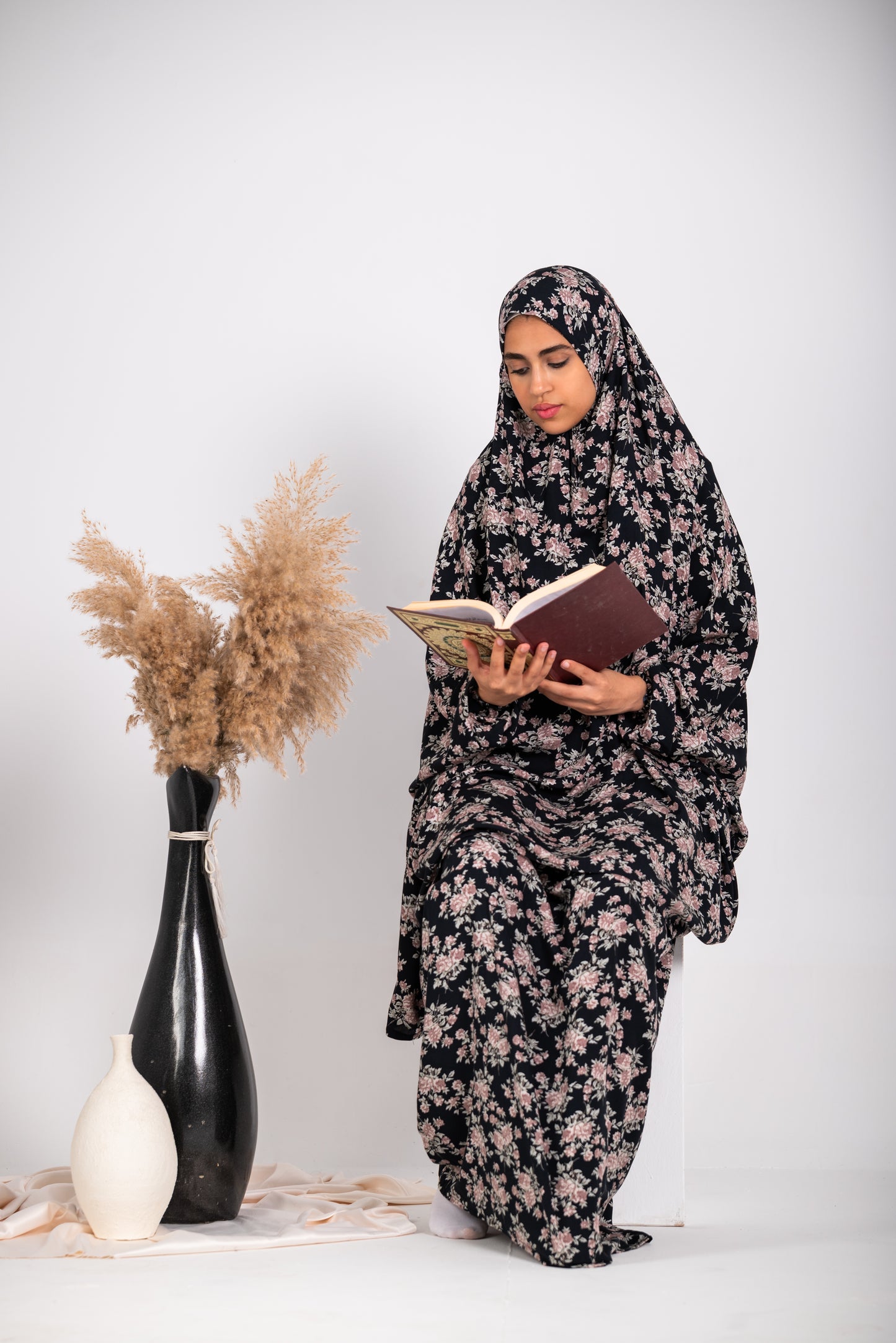 Two piece floral black viscose prayer set - with sleeves