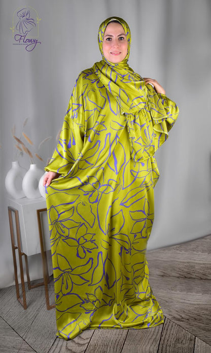 vibrant green floral silk satin esdal with bandana