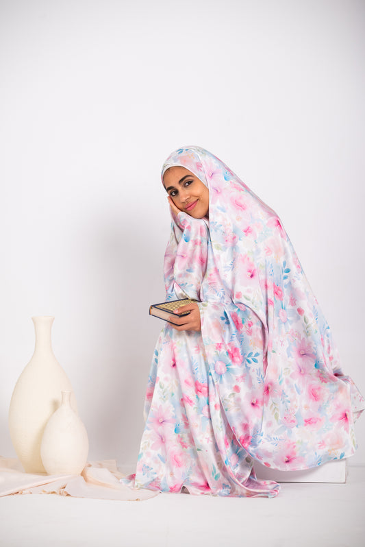 Satin Two-Piece Pastel Floral Prayer Set