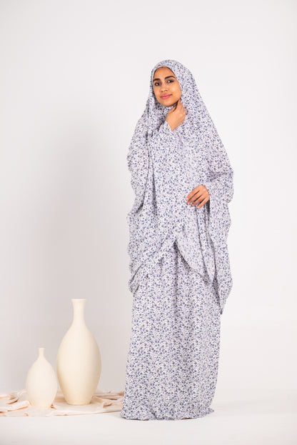 Two piece floral white & baby blue viscose prayer set