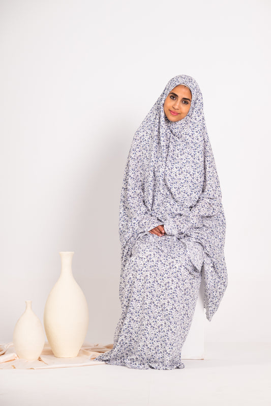 Two piece floral white & baby blue viscose prayer set
