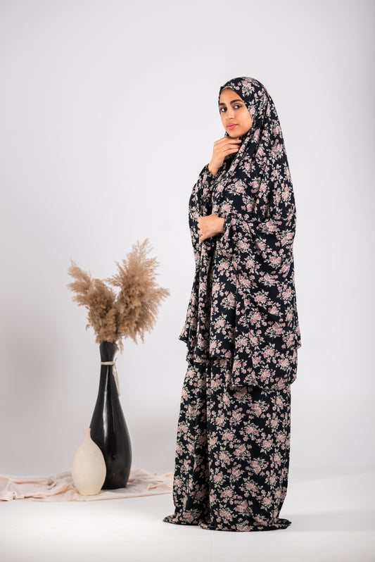 Two piece floral black viscose prayer set - with sleeves