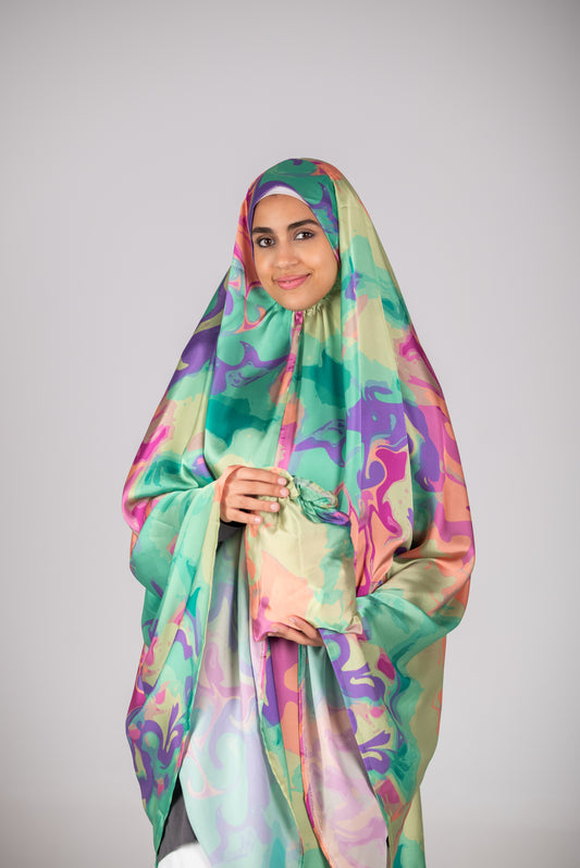 Colourful Long satin prayer hijab.
