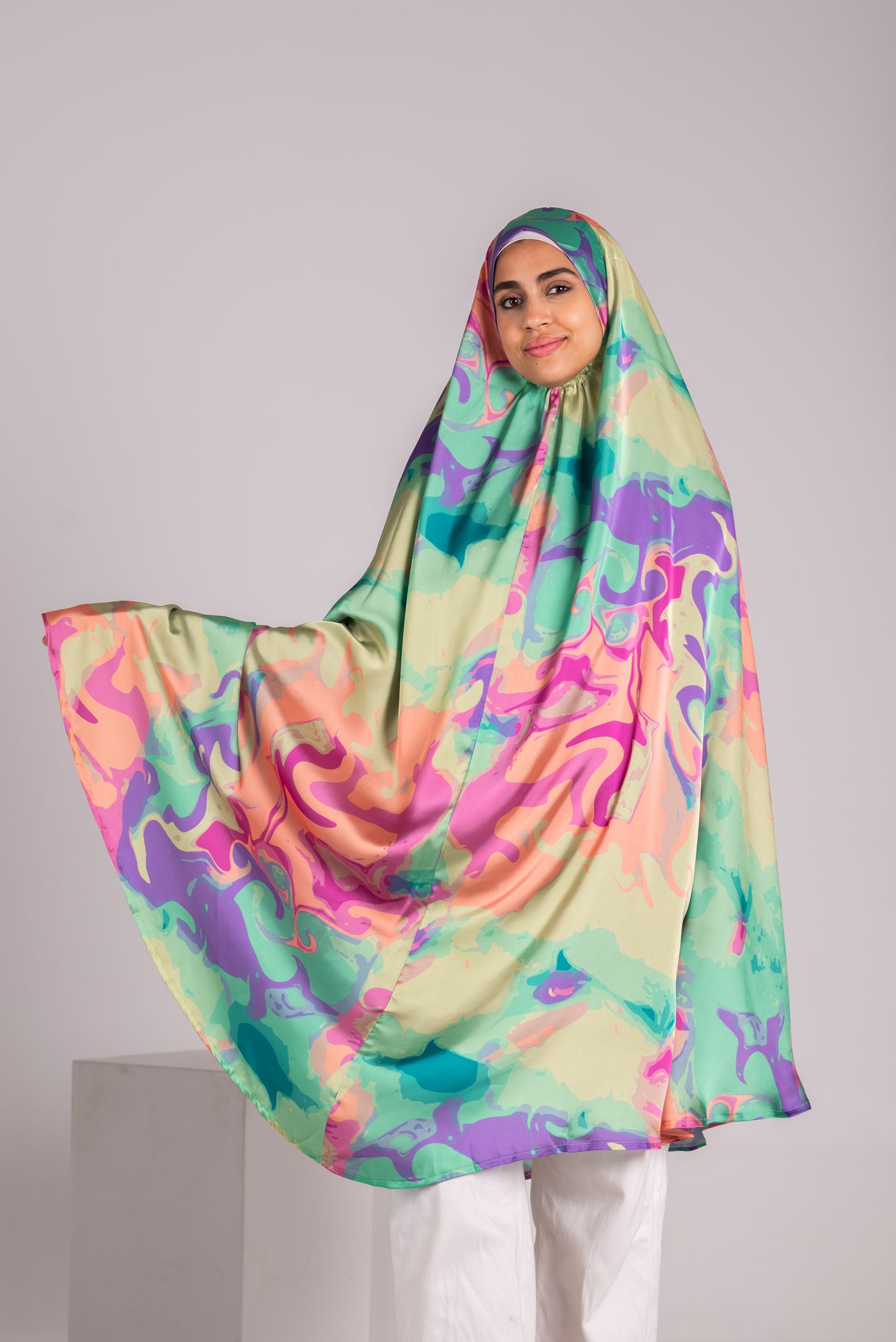 Colourful Long satin prayer hijab.