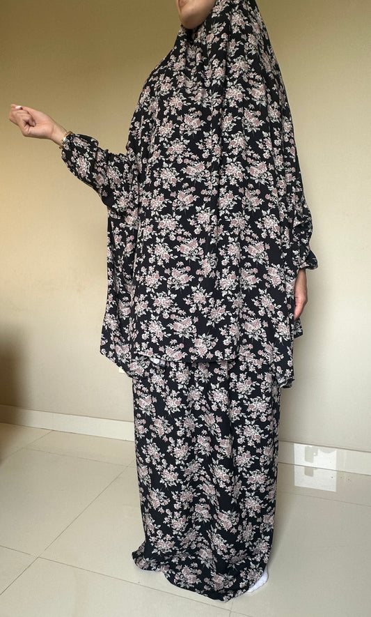 Two piece floral black viscose prayer set - with sleeves