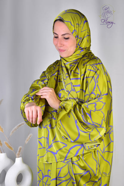 vibrant green floral silk satin esdal with bandana